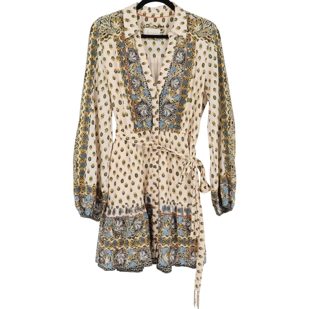 Anthropologie Floral Embroidered Belted Long Sleeve Mini Dress Size L Multicolor